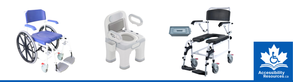 An over-toilet commode chair with adjustable height, armrests, and a removable bucket, used for bedside toileting.