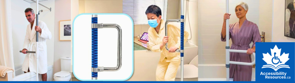 A freestanding floor-to-ceiling safety pole installed beside a toilet. The pole features a horizontal grab bar to provide stability and assistance when sitting down or standing up.