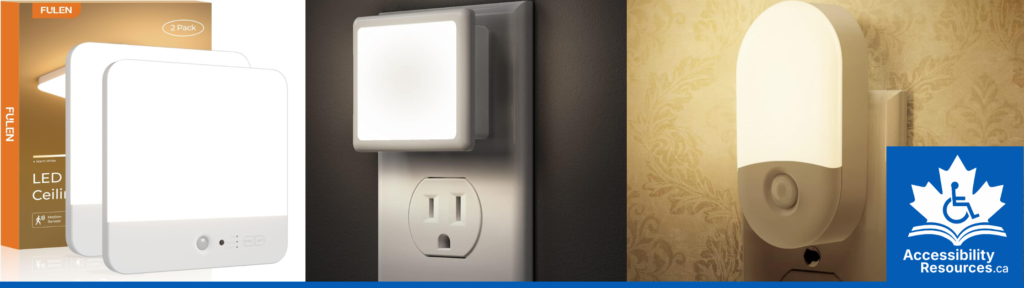 An accessibility and safety night light. A white, battery-powered LED light with a motion sensor, used to automatically illuminate dark hallways or rooms at night.