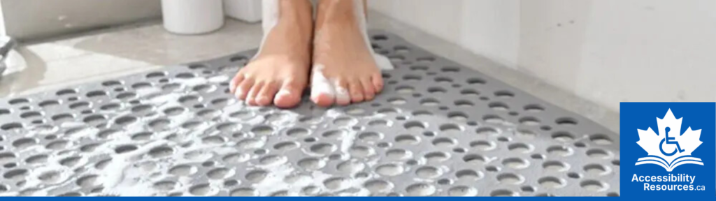 An accessibility and safety product. A bath mat with a textured surface and suction-cup backing is shown secured to the bottom of a tub to provide a stable, non-slip surface.