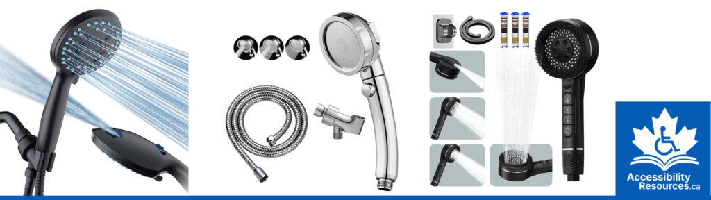 An accessibility showerhead that is handheld and mounted on an adjustable sliding bar, allowing the height to be changed for seated or standing use.