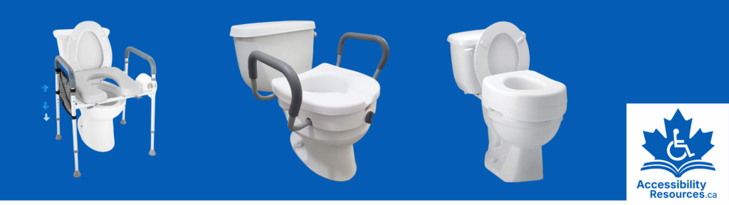 An accessibility product for the bathroom. A sturdy white toilet riser with armrests and a handle is fitted onto a toilet, providing a higher seat for easier use.