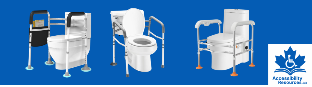A free-standing frame that surrounds the toilet, providing sturdy armrests to push off from when sitting or standing.