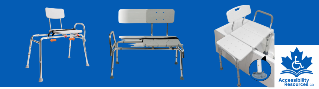 An accessibility aid for bathtubs. A white plastic transfer bench with a backrest is shown with two legs securely inside the tub and two legs on the bathroom floor, enabling a safe, seated transfer over the tub wall.