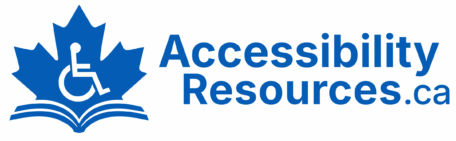 Logo for AccessibilityResources.ca with a blue maple leaf with the disability logo in it, both above an open book