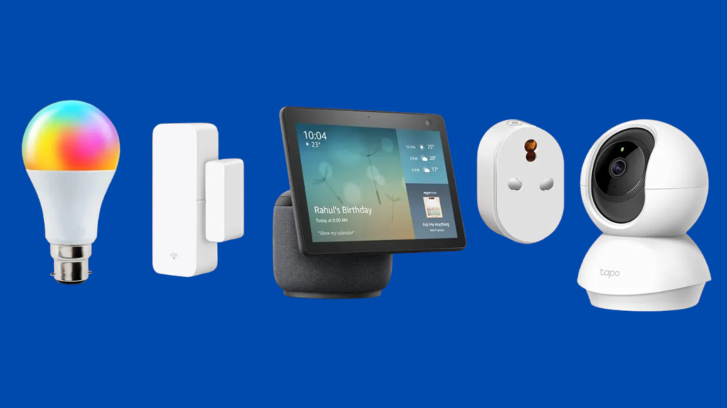 A smart bulb, a smart plug, a tablet and a a security camera